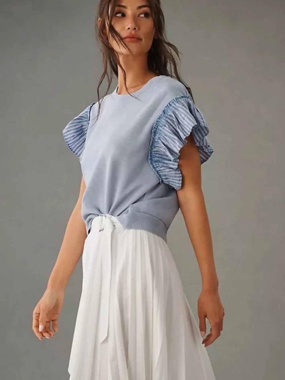 Anthropologie Pilcro Chambray Flutter-Sleeve Sweatshirt Tee 2X 100% Cotton - Picture 2 of 7